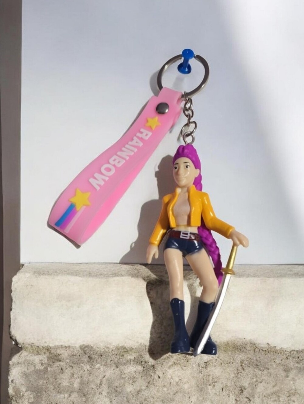 K-pop Pink Rainbow Star Keychain with Figure and Sword